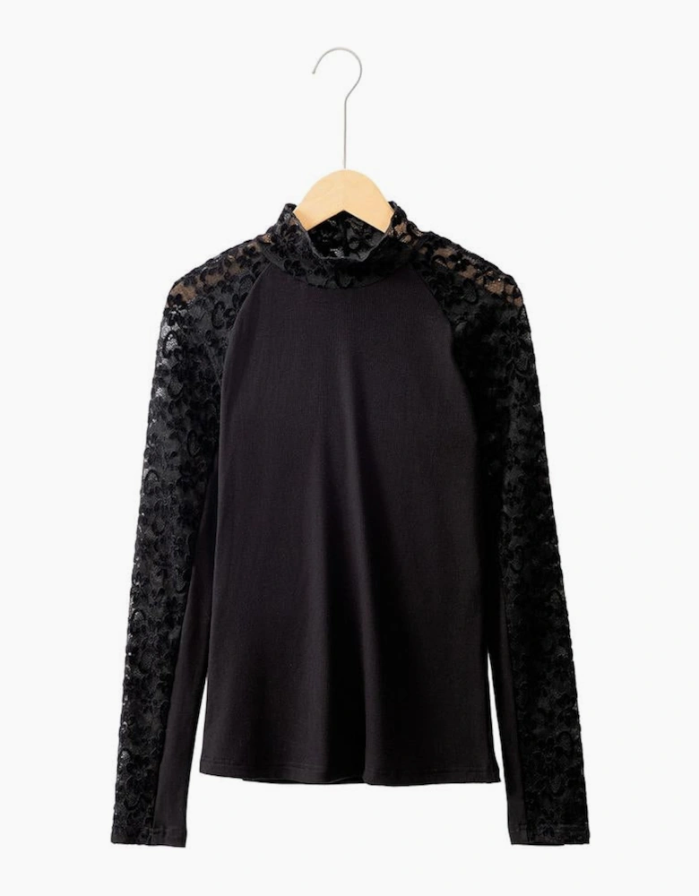 Black Floral Lace Patchwork Long Sleeve High Neck Slim Top