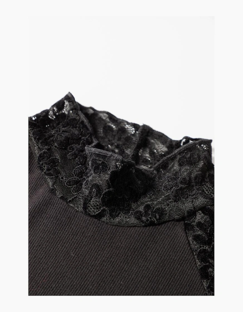 Black Floral Lace Patchwork Long Sleeve High Neck Slim Top