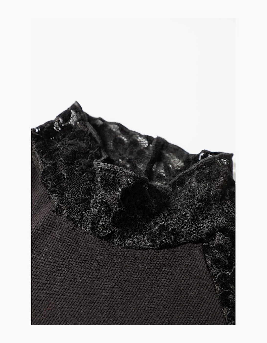 Black Floral Lace Patchwork Long Sleeve High Neck Slim Top