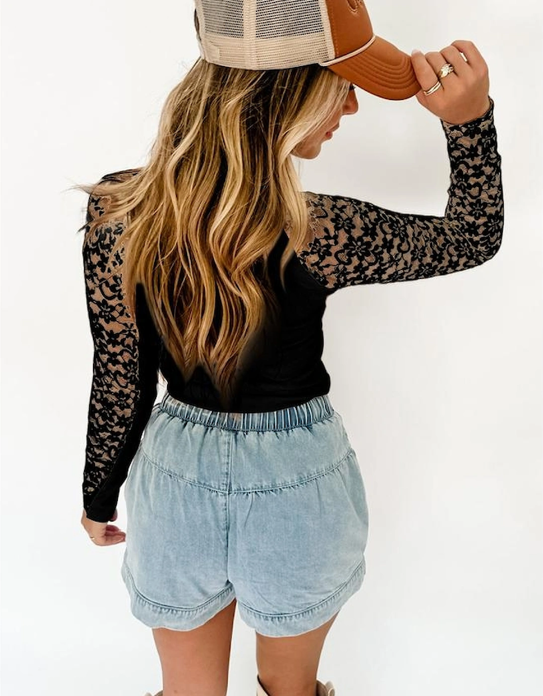 Black Floral Lace Patchwork Long Sleeve High Neck Slim Top