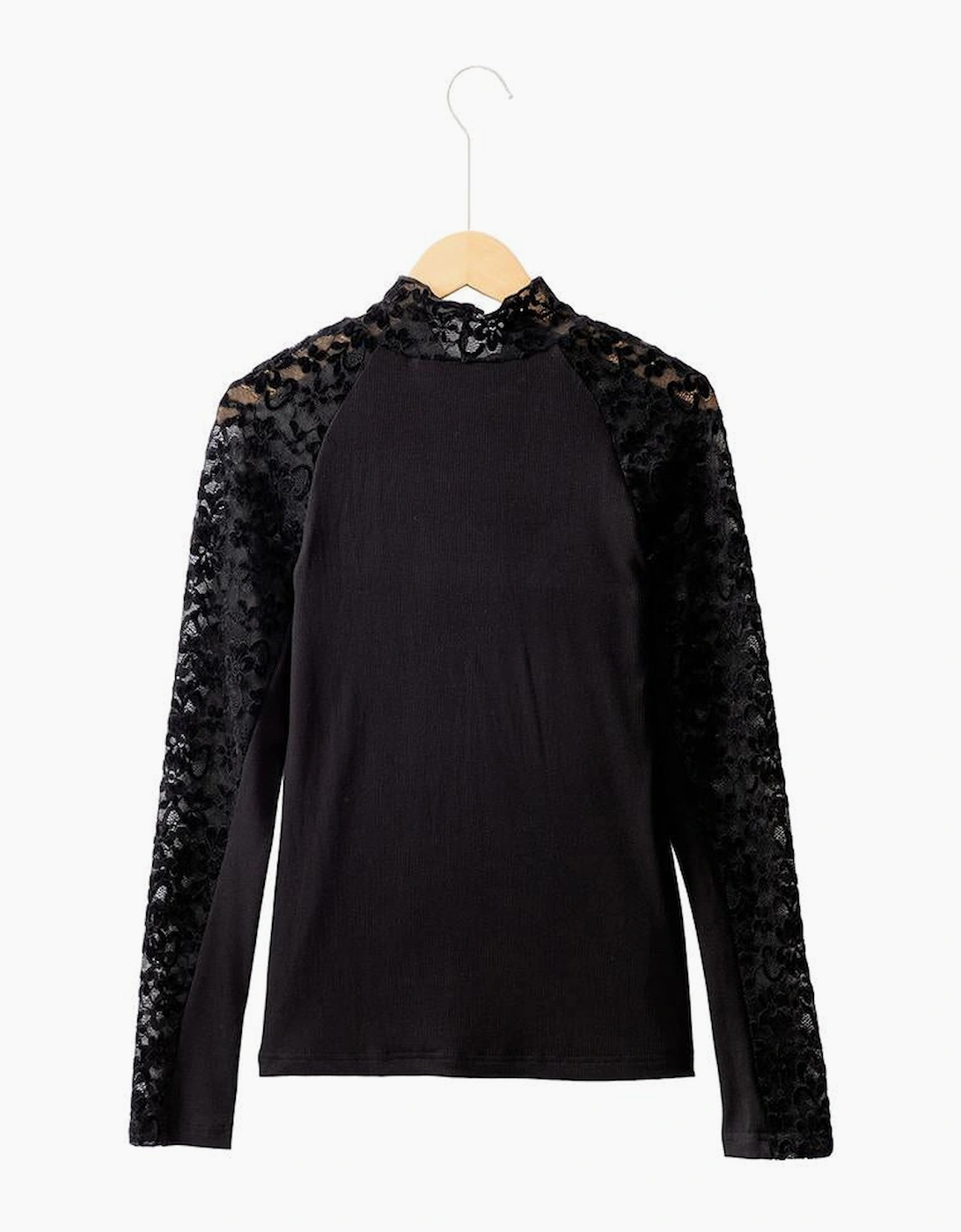 Black Floral Lace Patchwork Long Sleeve High Neck Slim Top