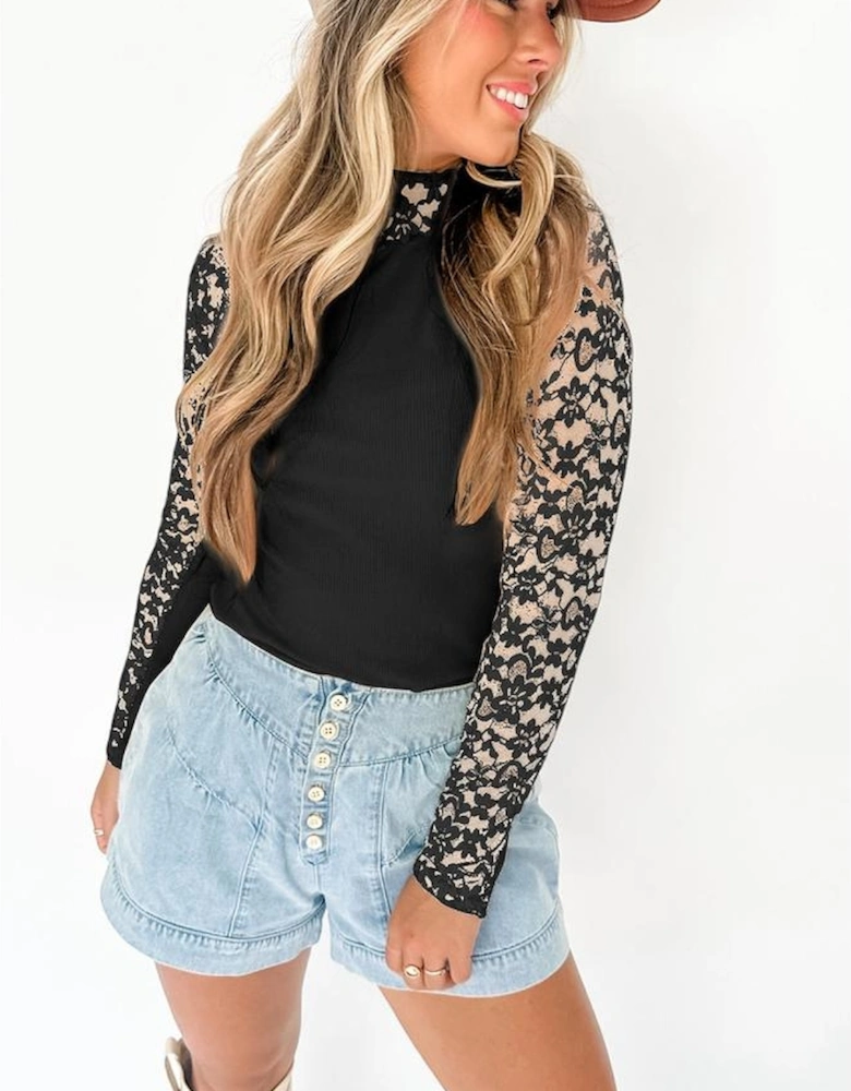 Black Floral Lace Patchwork Long Sleeve High Neck Slim Top