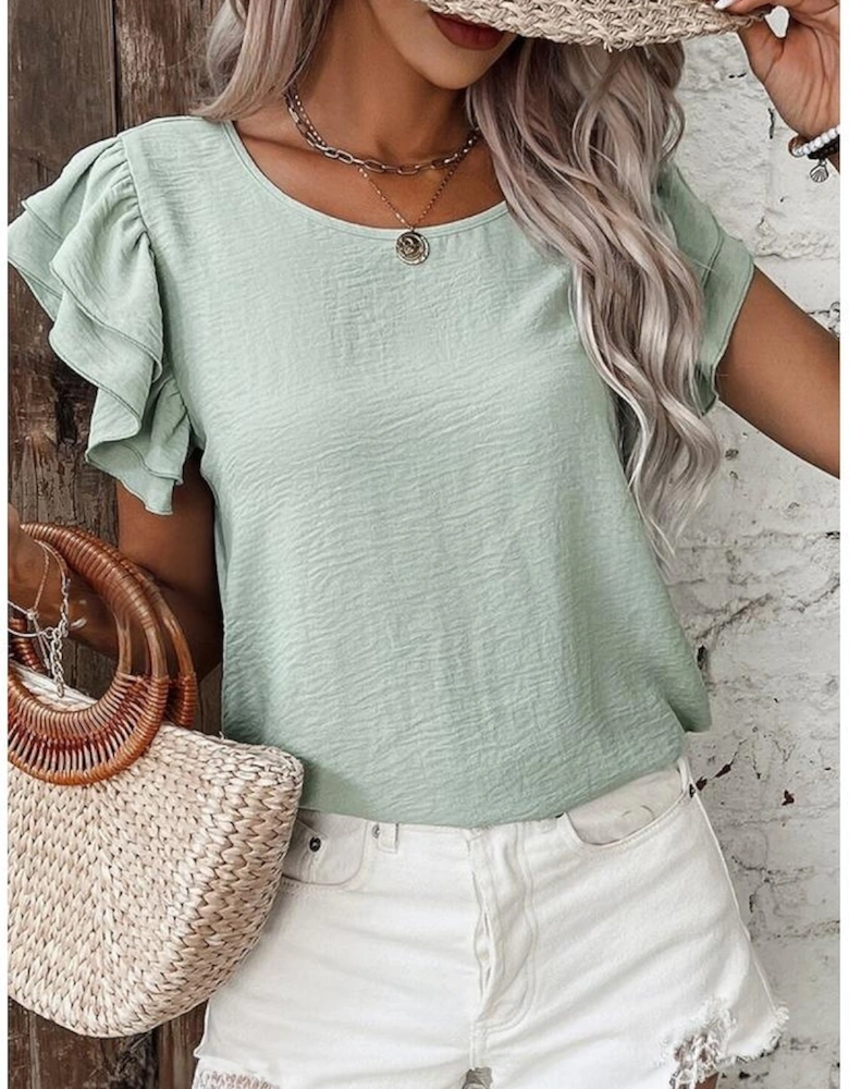 Clearly Aqua Solid Color Ruffled Short Sleeve Casual Blouse