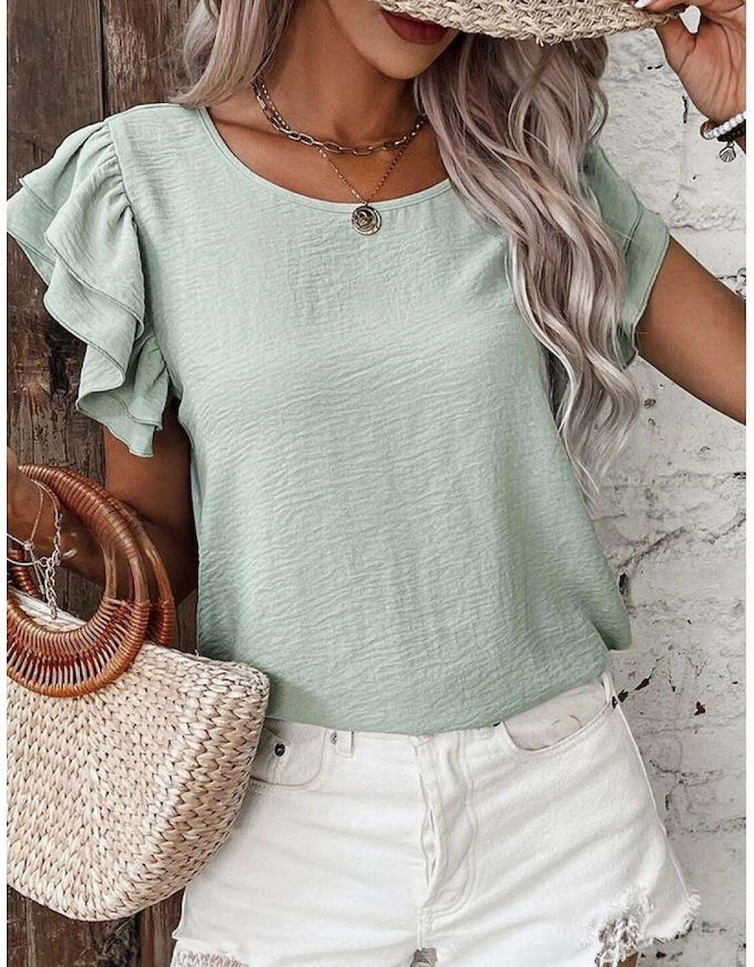 Clearly Aqua Solid Color Ruffled Short Sleeve Casual Blouse