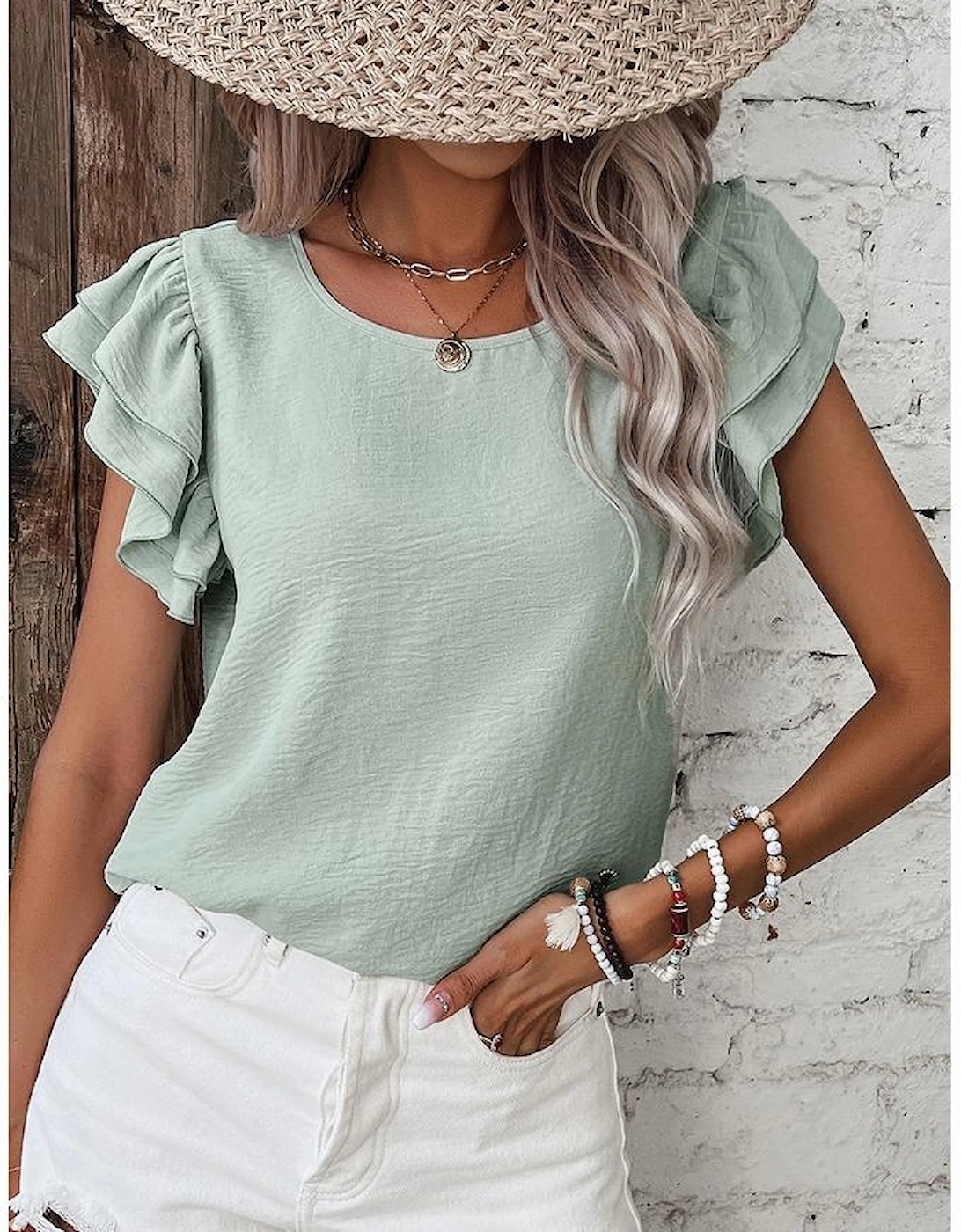 Clearly Aqua Solid Color Ruffled Short Sleeve Casual Blouse