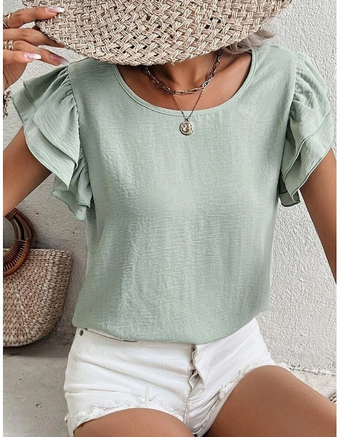 Clearly Aqua Solid Color Ruffled Short Sleeve Casual Blouse