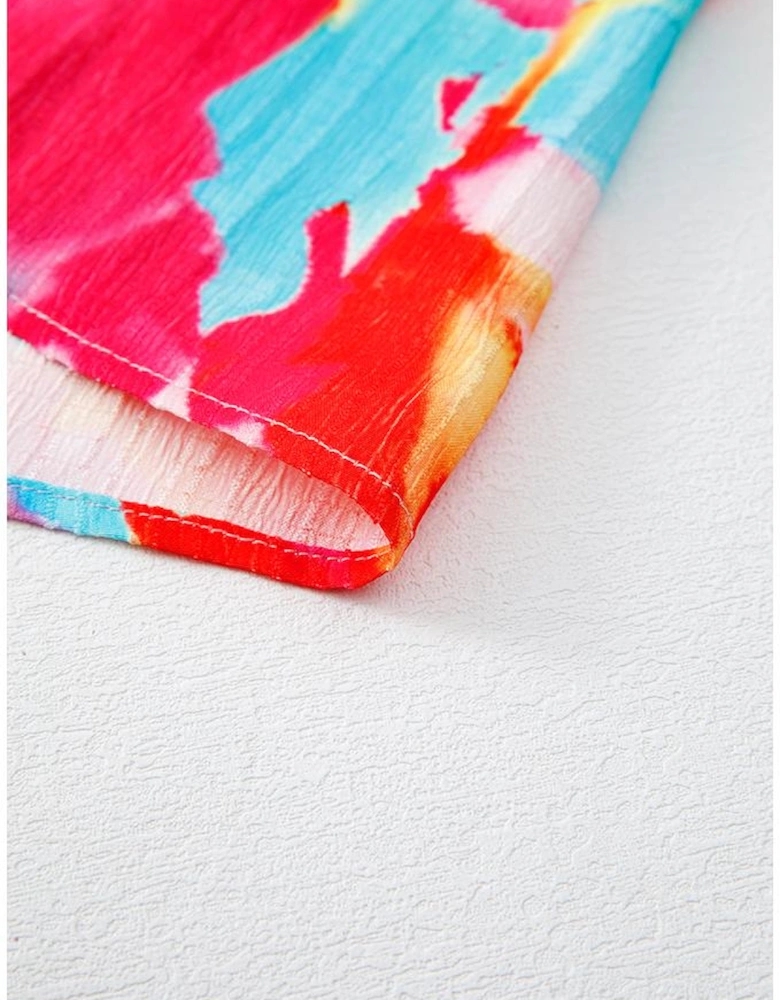 Rose Abstract Printed Puff Sleeve Square Neck Smocked Bust Tied Back Plus Size Dress