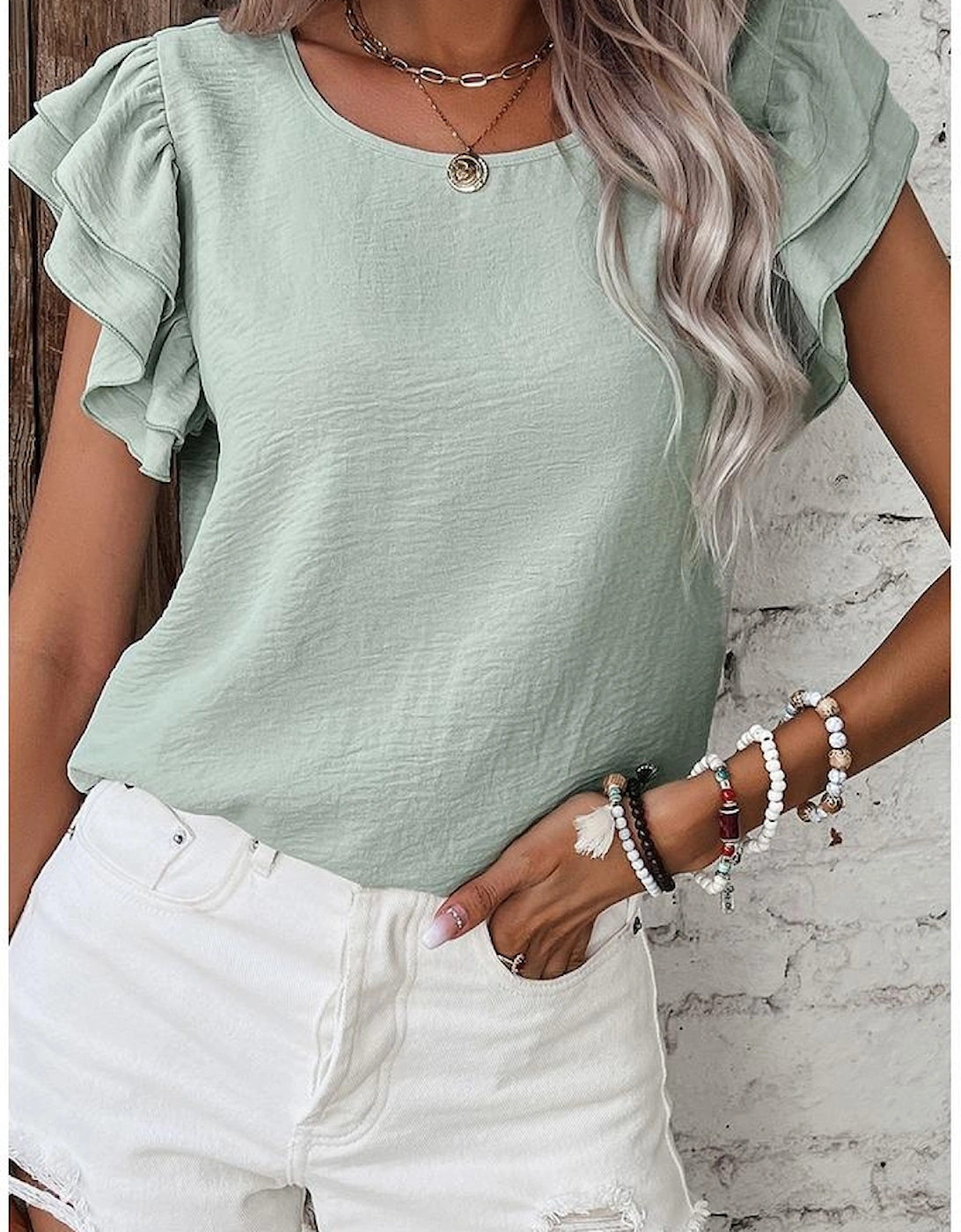 Clearly Aqua Solid Color Ruffled Short Sleeve Casual Blouse
