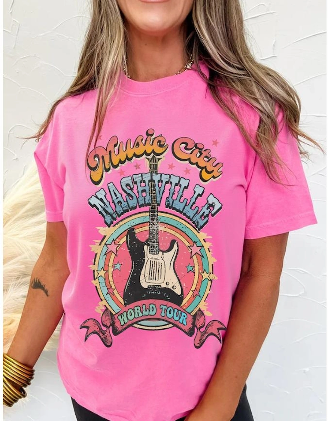 Sachet Pink Nashville WORLD TOUR Music City Guitarist Graphic Tee