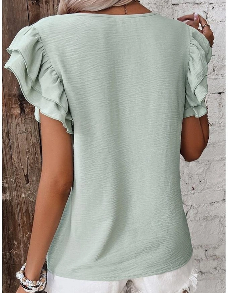 Clearly Aqua Solid Color Ruffled Short Sleeve Casual Blouse