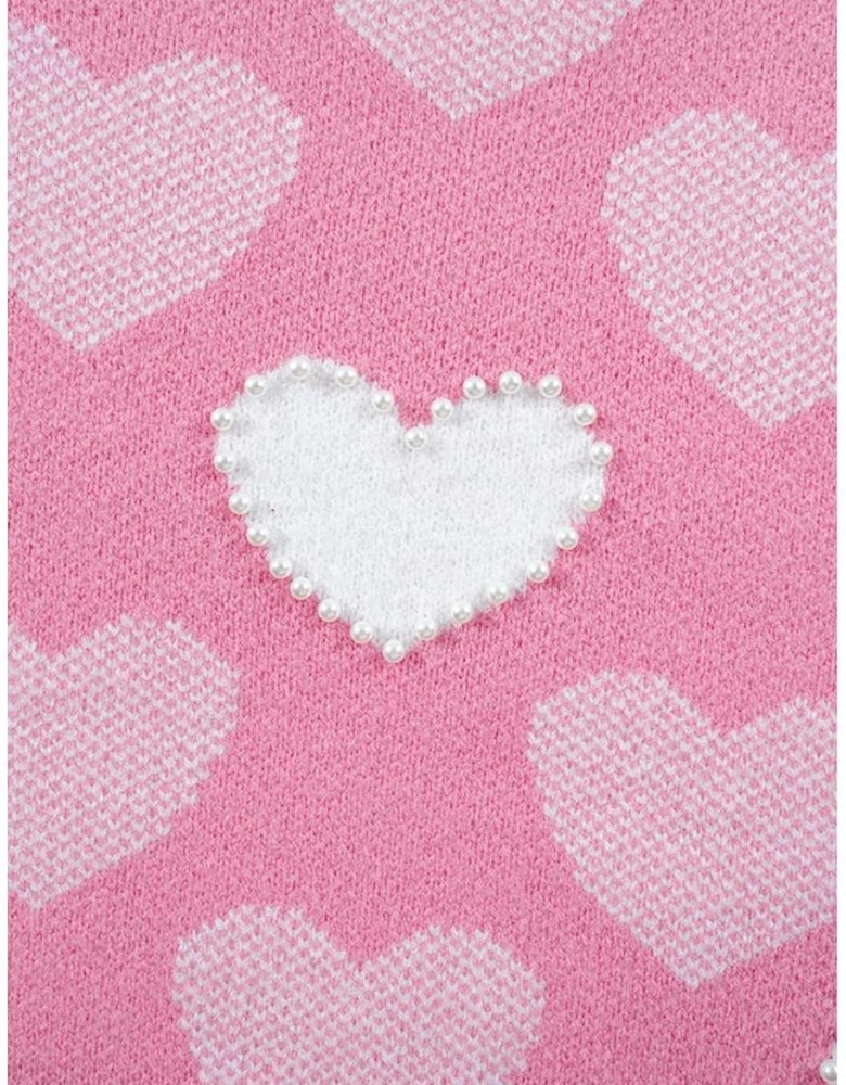 Pink Pearled Heart Print Valentines Crew Neck Sweater