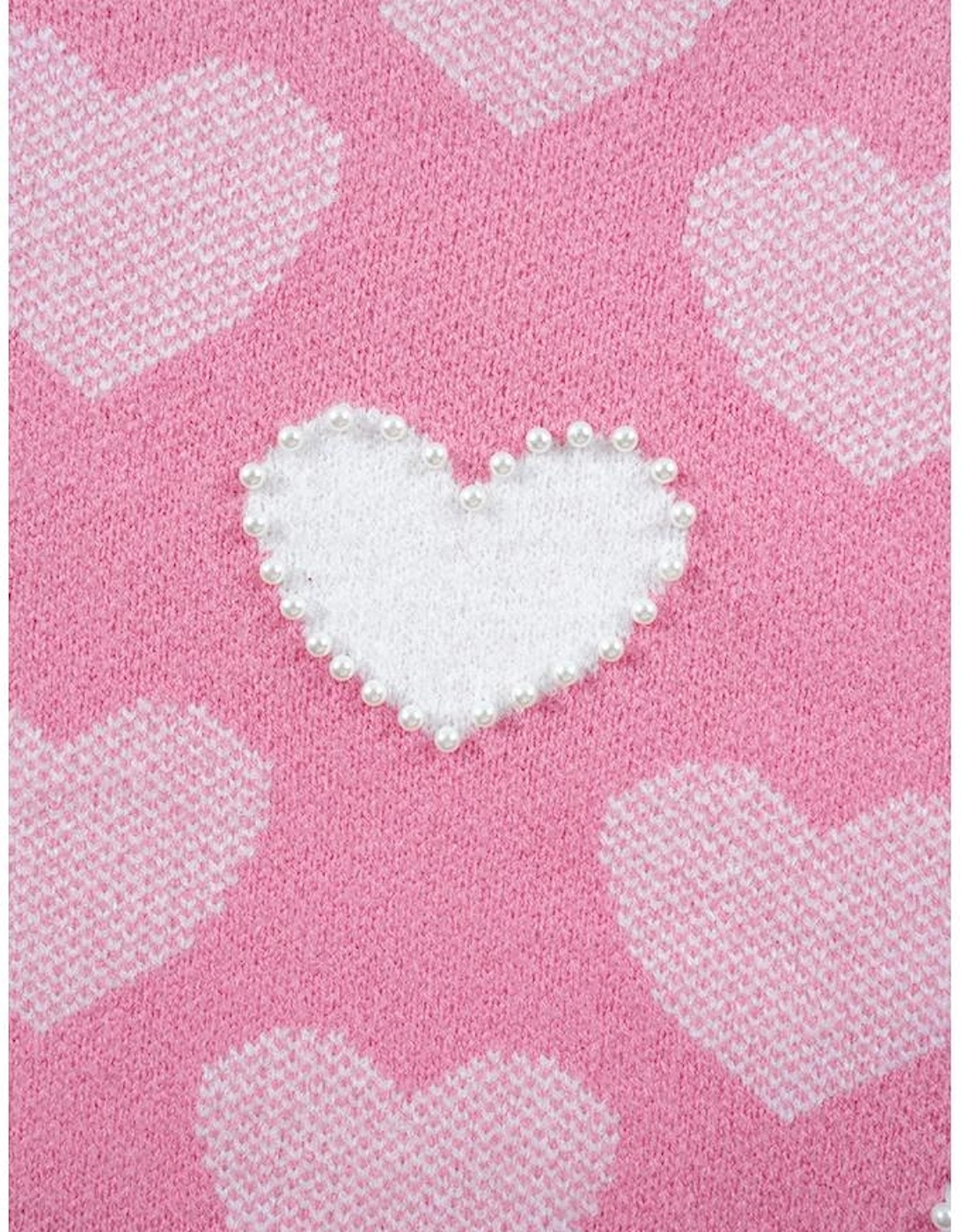 Pink Pearled Heart Print Valentines Crew Neck Sweater