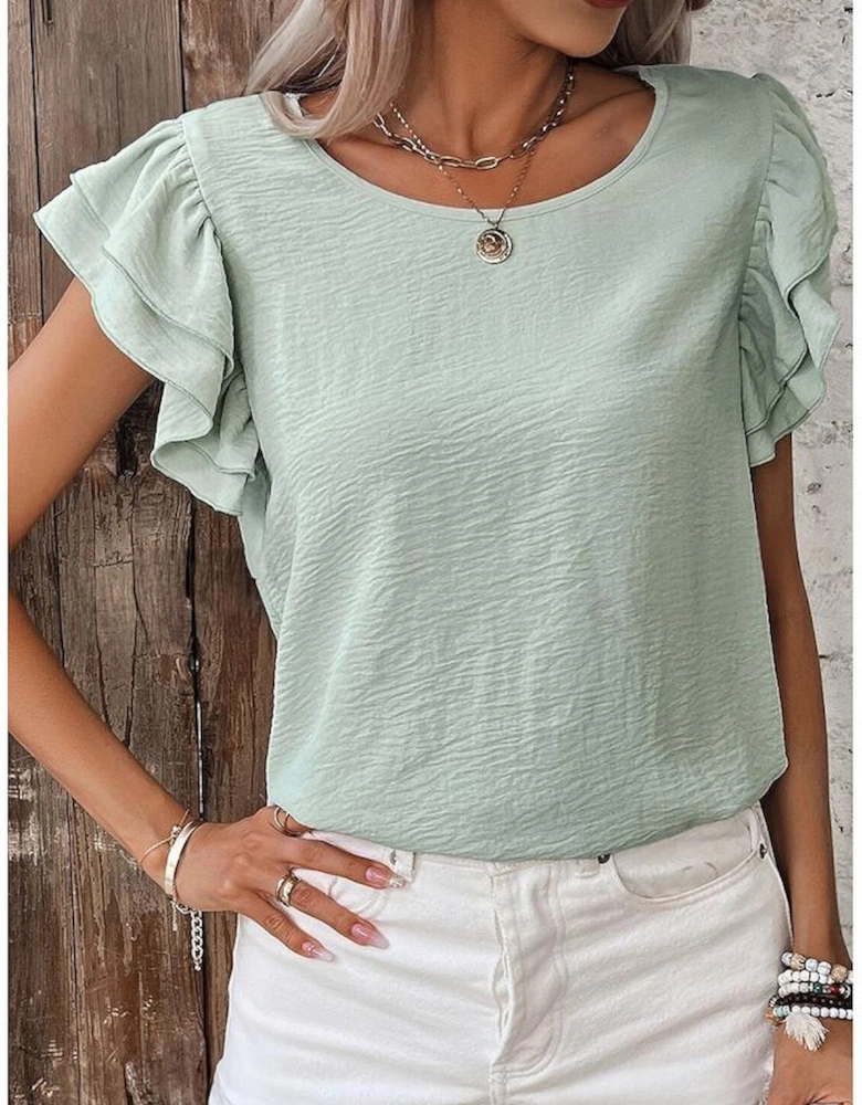 Clearly Aqua Solid Color Ruffled Short Sleeve Casual Blouse
