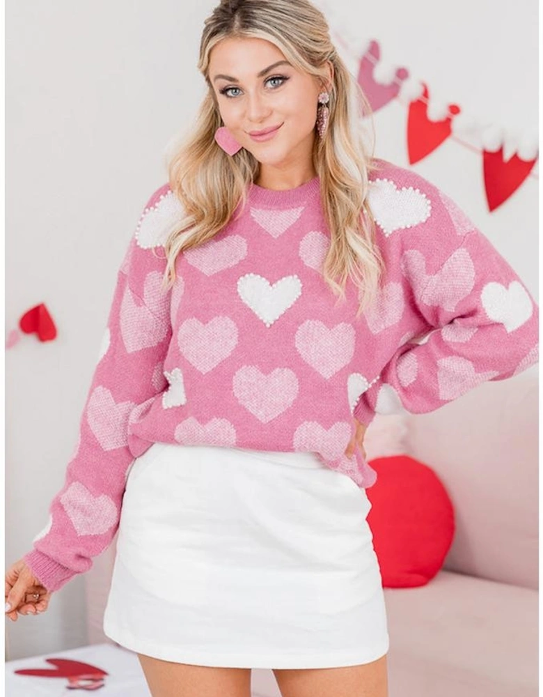 Pink Pearled Heart Print Valentines Crew Neck Sweater