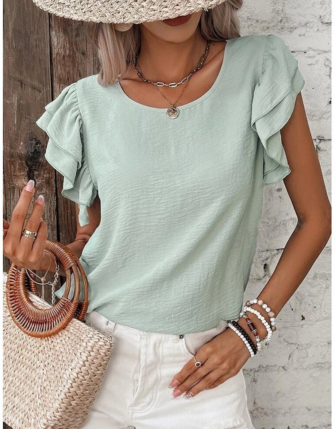 Clearly Aqua Solid Color Ruffled Short Sleeve Casual Blouse