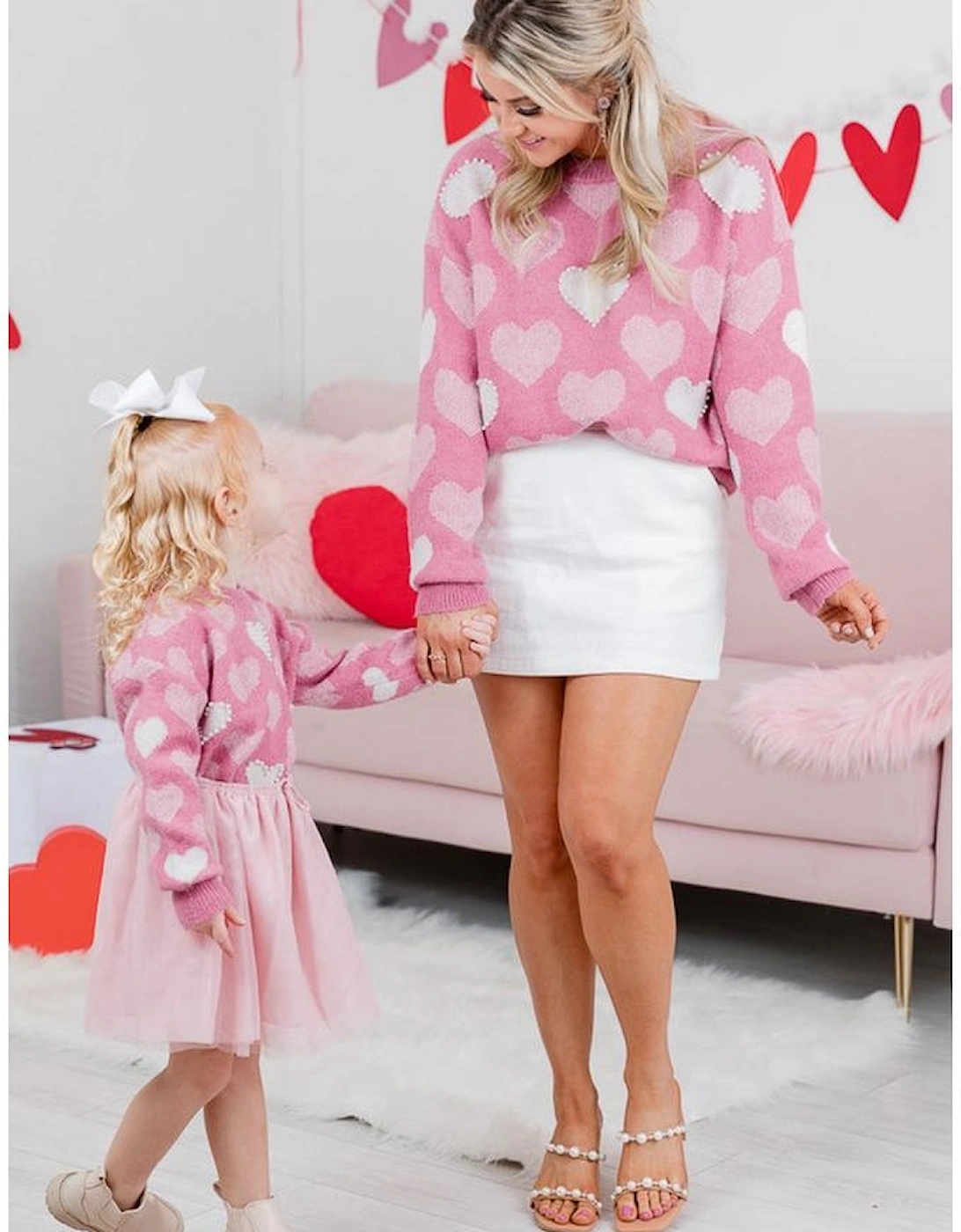 Pink Pearled Heart Print Valentines Crew Neck Sweater