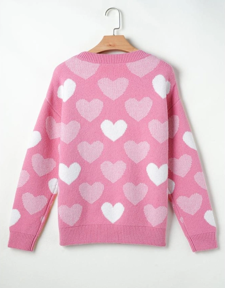 Pink Pearled Heart Print Valentines Crew Neck Sweater