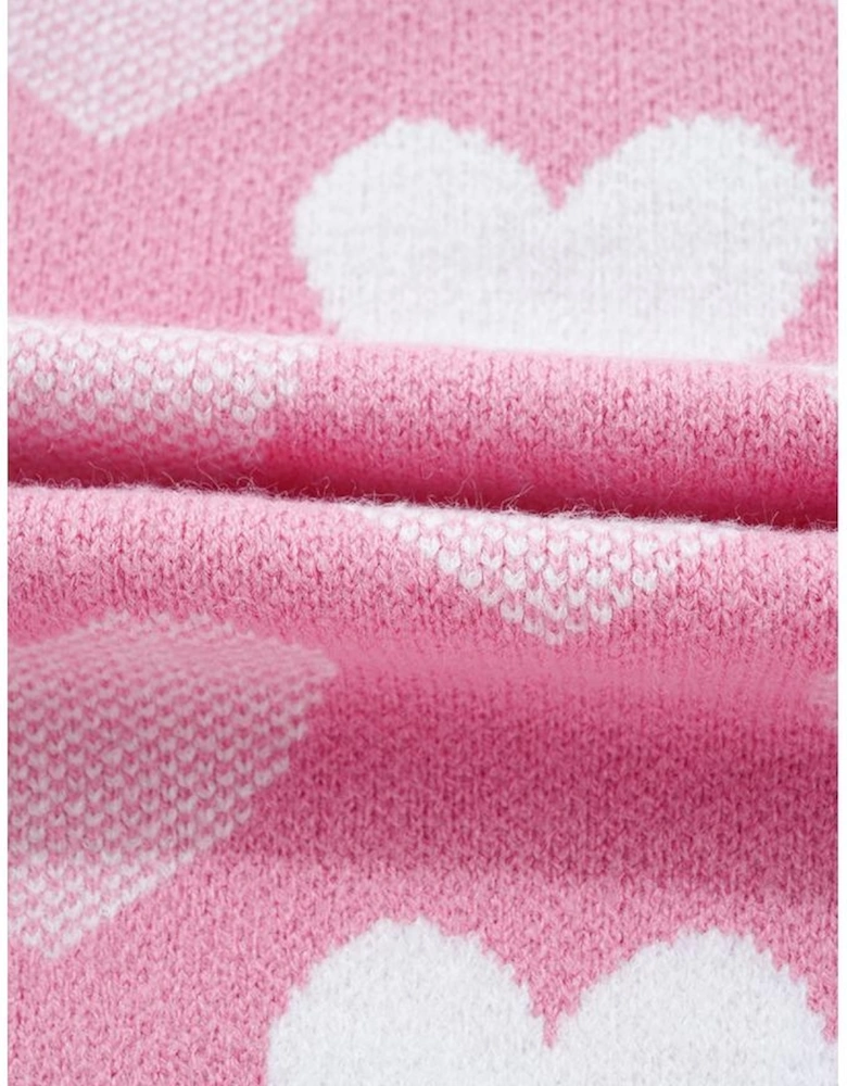 Pink Pearled Heart Print Valentines Crew Neck Sweater