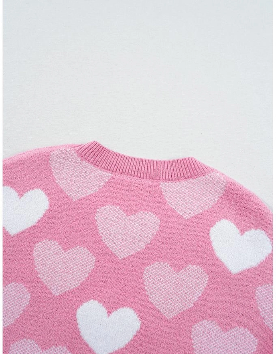 Pink Pearled Heart Print Valentines Crew Neck Sweater