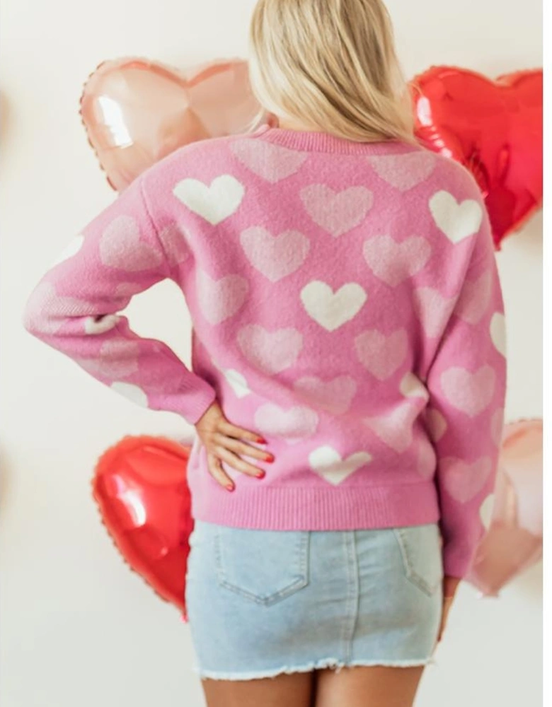 Pink Pearled Heart Print Valentines Crew Neck Sweater