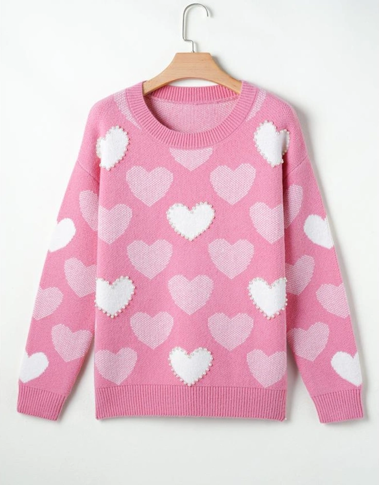 Pink Pearled Heart Print Valentines Crew Neck Sweater