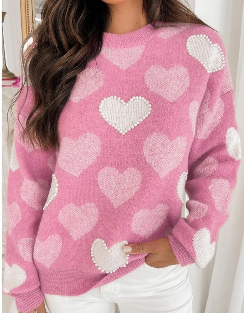 Pink Pearled Heart Print Valentines Crew Neck Sweater