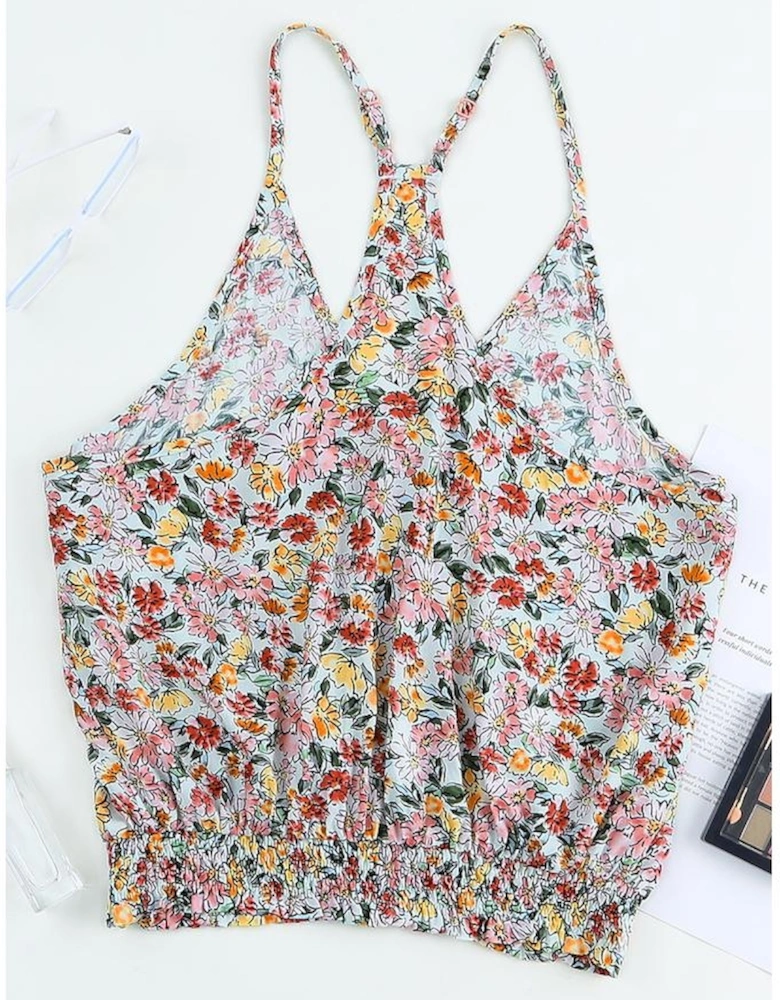 Multicolor Wrapped V Neck Floral Tank Crop Top