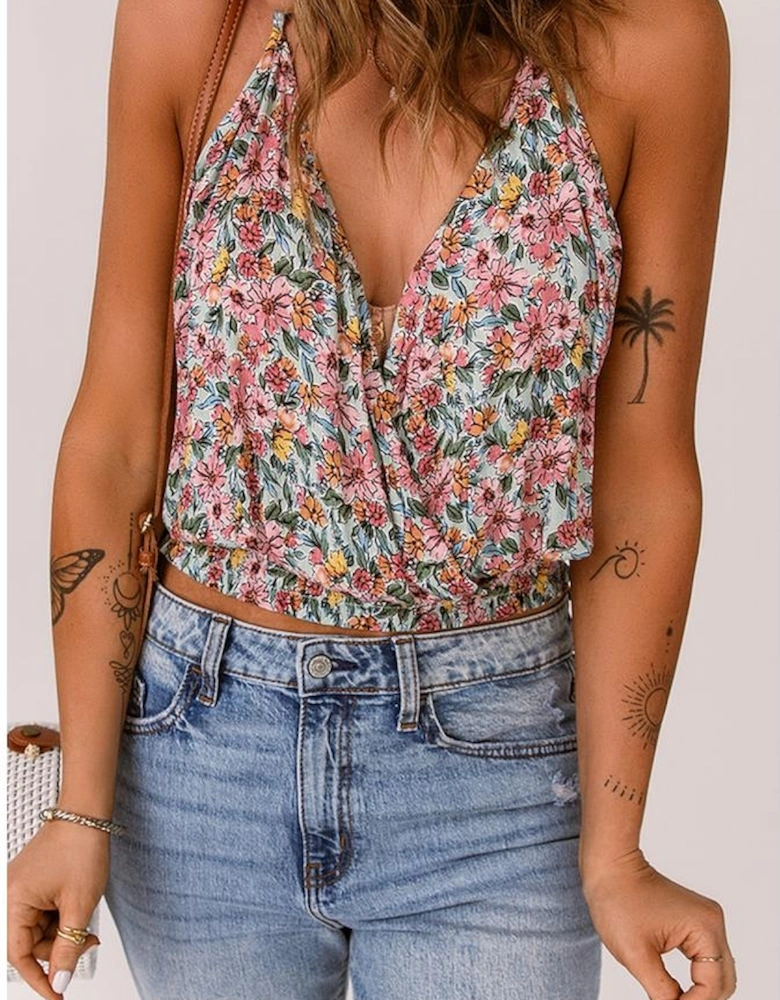 Multicolor Wrapped V Neck Floral Tank Crop Top
