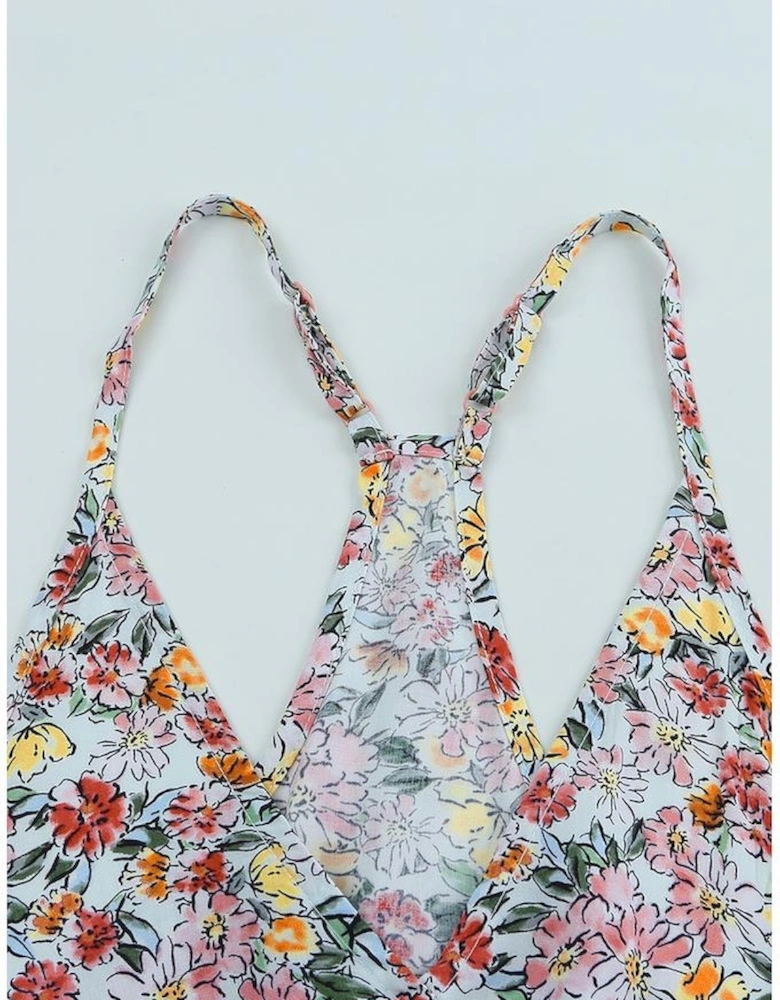 Multicolor Wrapped V Neck Floral Tank Crop Top