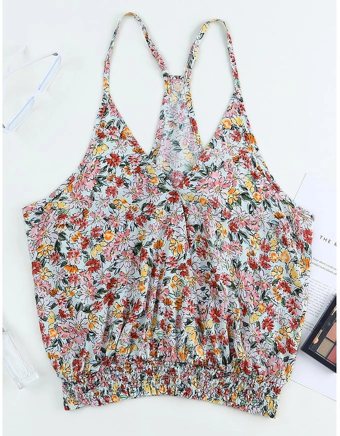 Multicolor Wrapped V Neck Floral Tank Crop Top
