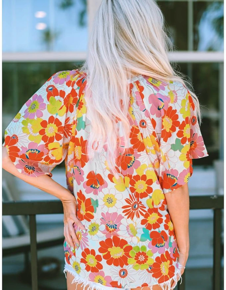 Orange Abstract Print V Neck Half Sleeve Blouse