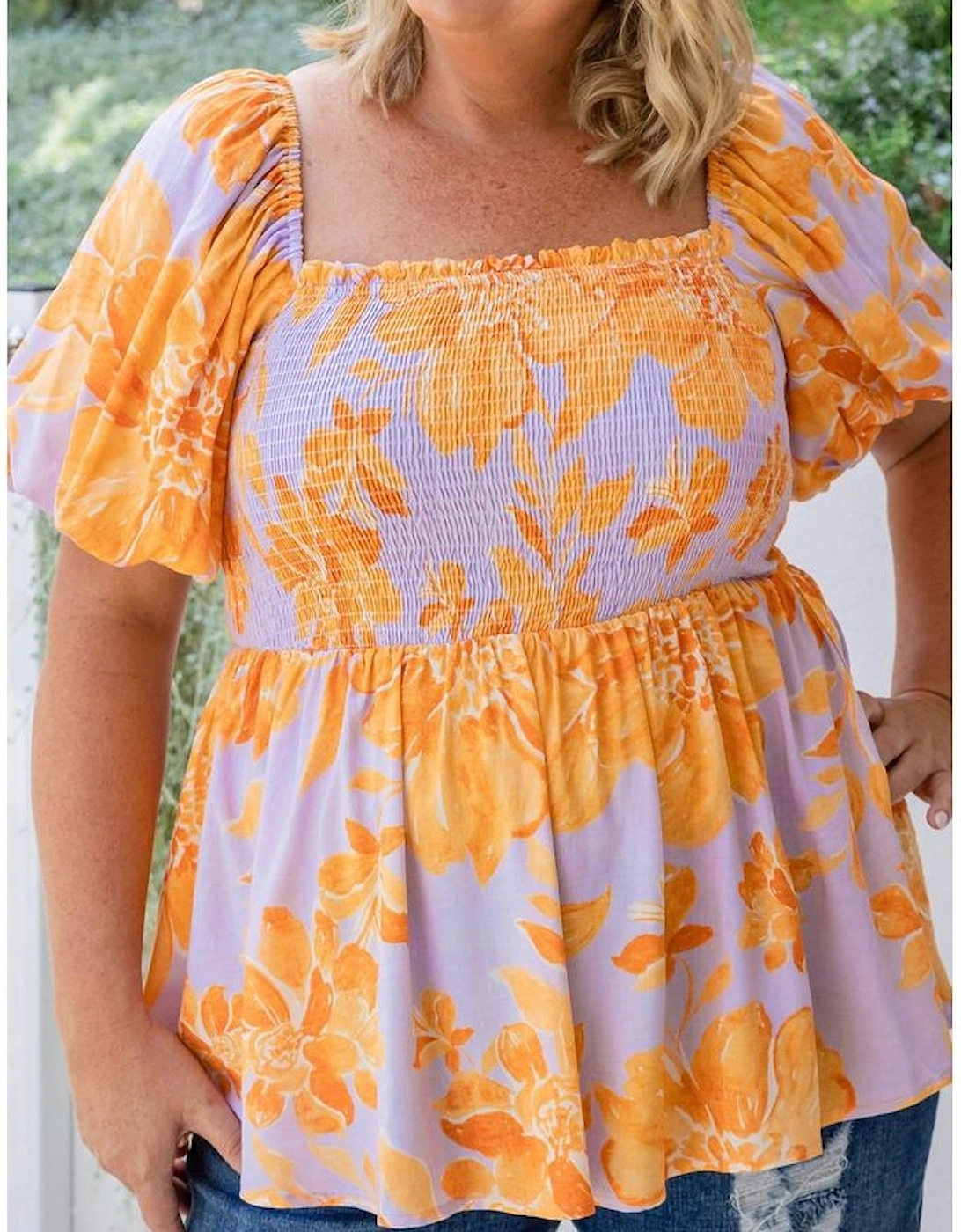 Purple Floral Puff Sleeve Square Neck Smocked Plus Size Babydoll Blouse, 15 of 14