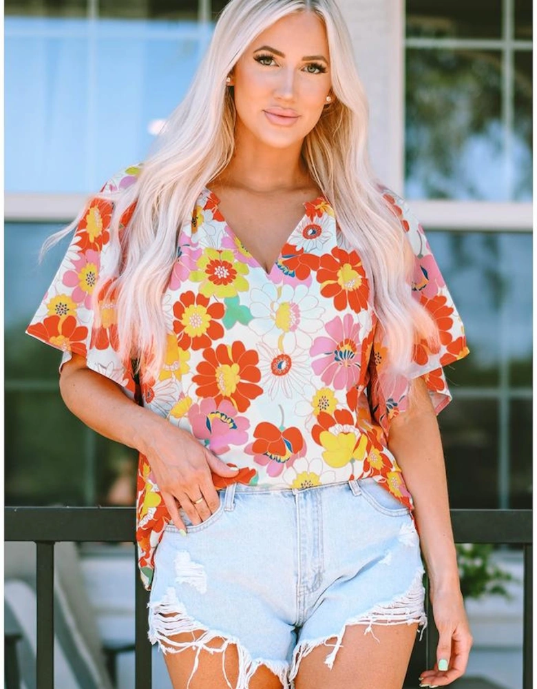 Orange Abstract Print V Neck Half Sleeve Blouse