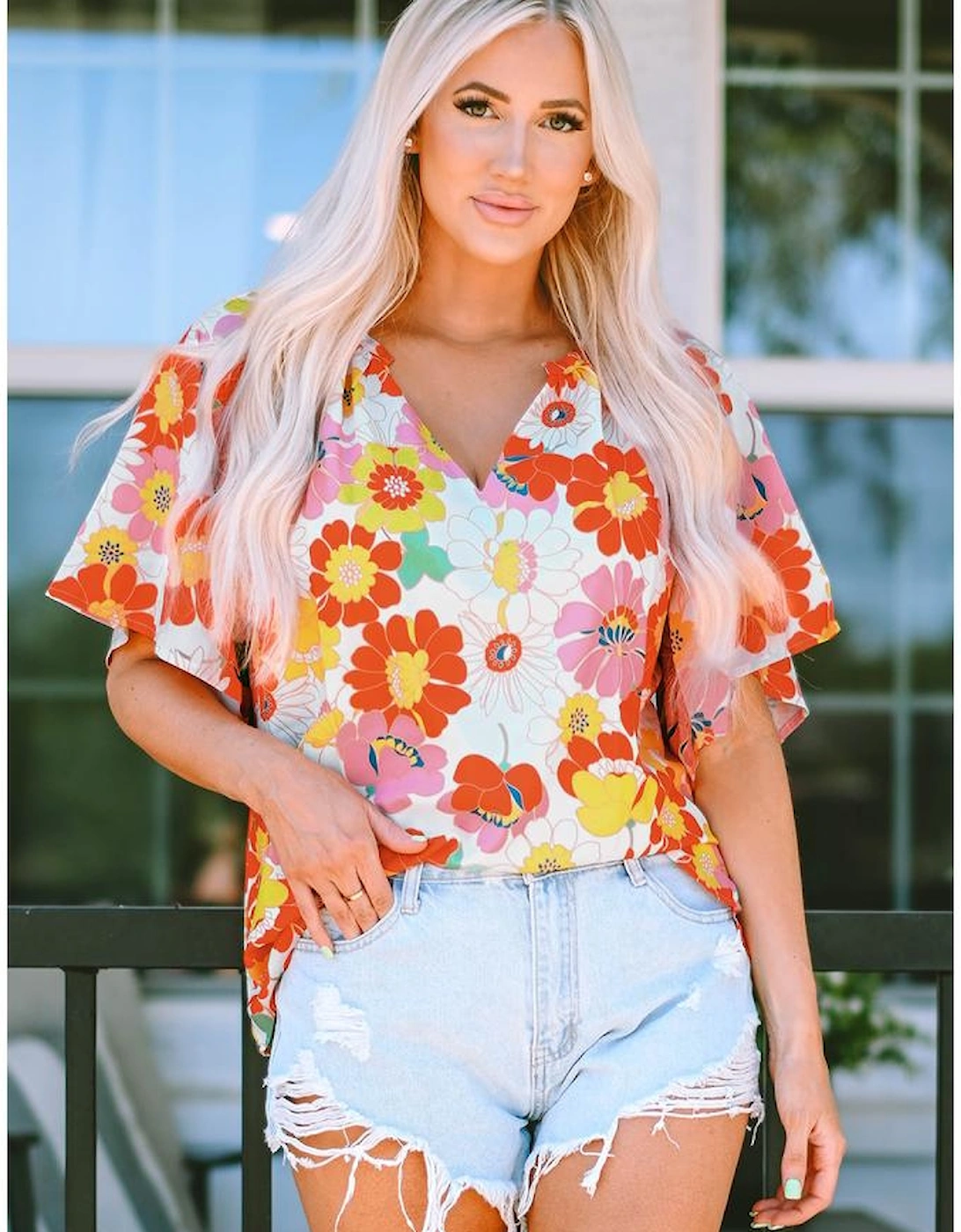 Orange Abstract Print V Neck Half Sleeve Blouse
