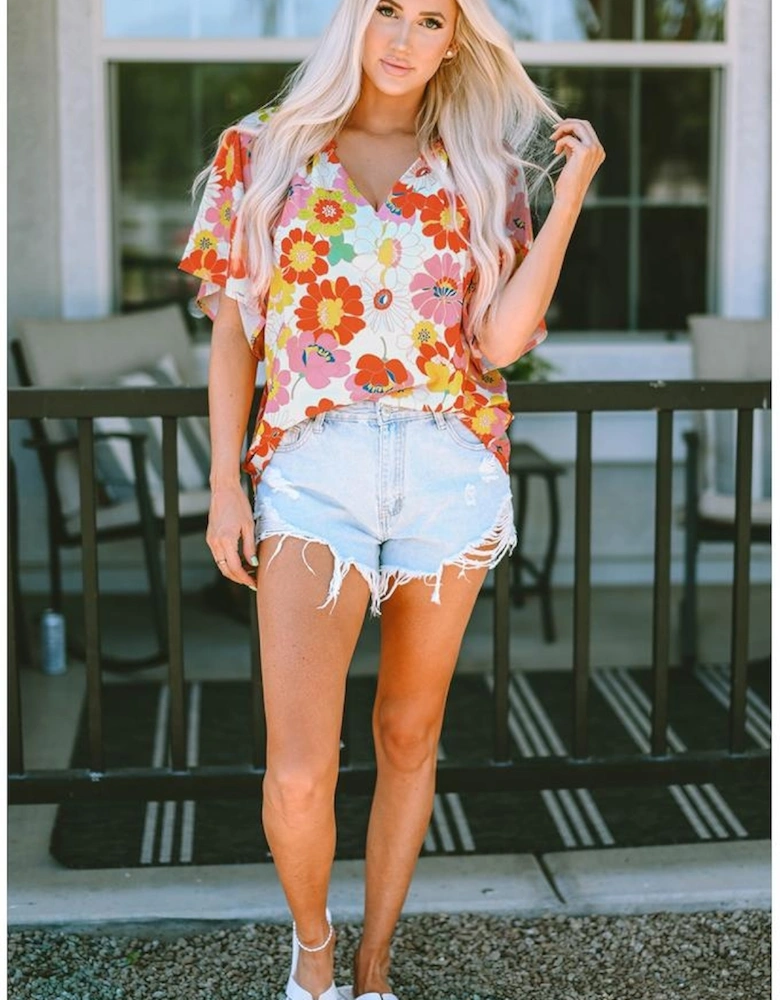 Orange Abstract Print V Neck Half Sleeve Blouse