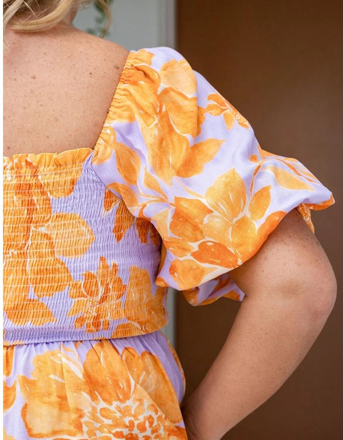 Purple Floral Puff Sleeve Square Neck Smocked Plus Size Babydoll Blouse