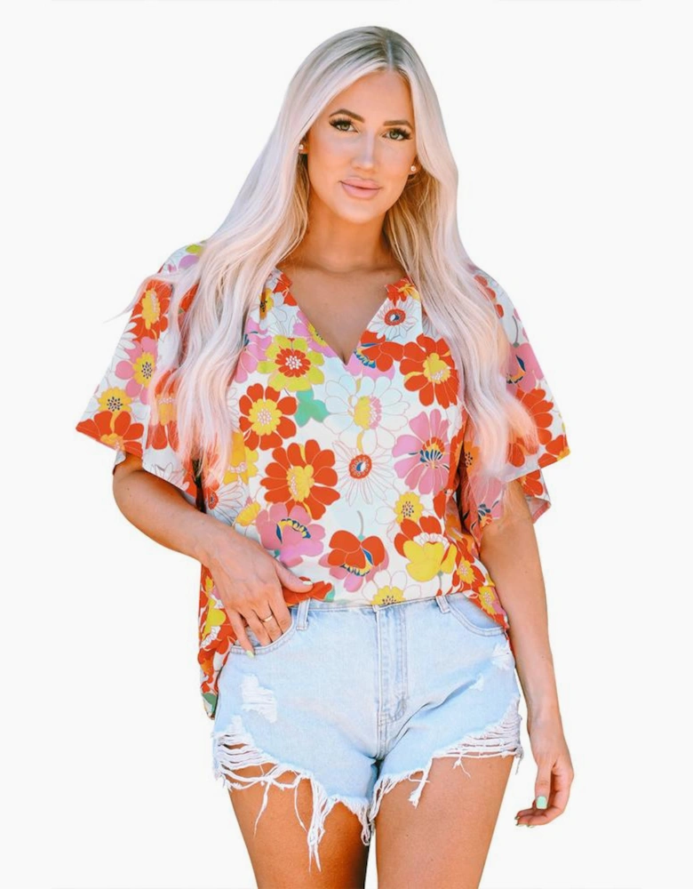 Orange Abstract Print V Neck Half Sleeve Blouse