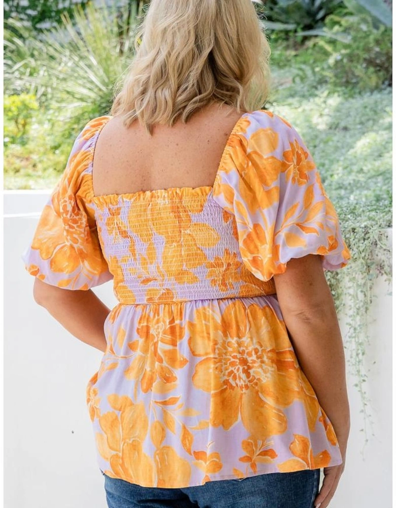 Purple Floral Puff Sleeve Square Neck Smocked Plus Size Babydoll Blouse