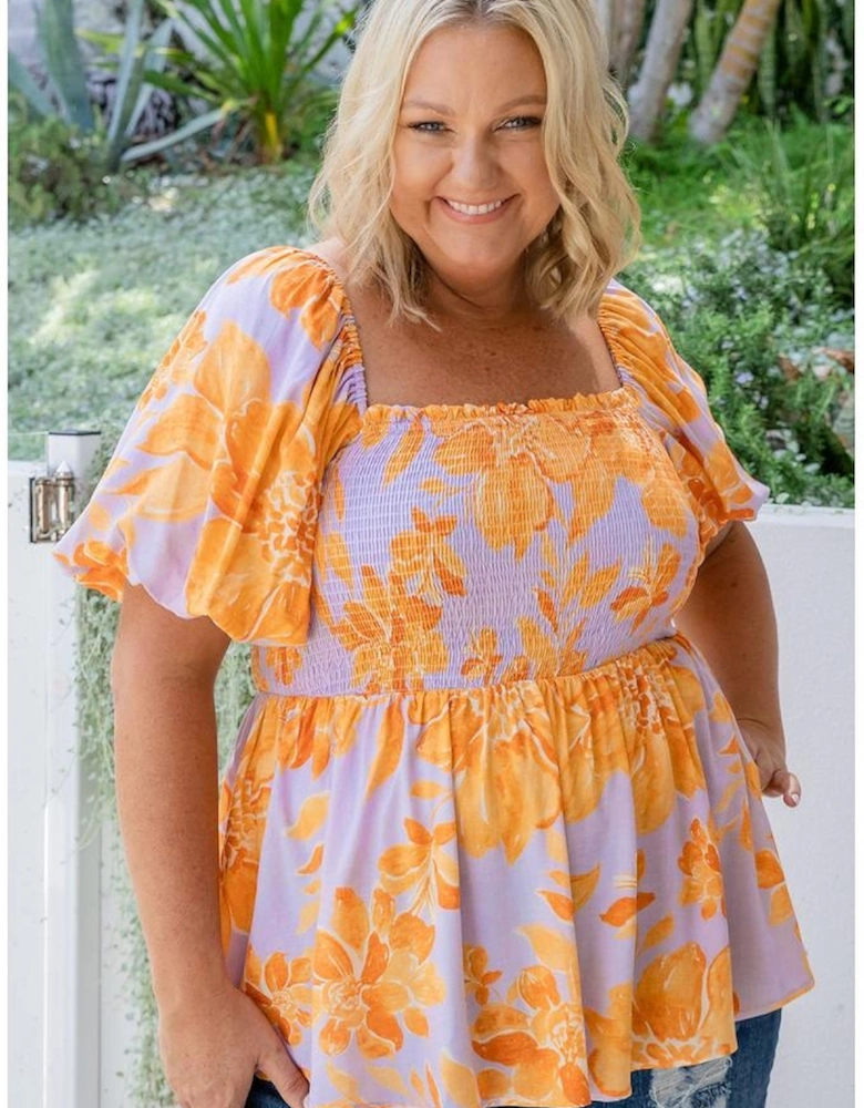 Purple Floral Puff Sleeve Square Neck Smocked Plus Size Babydoll Blouse