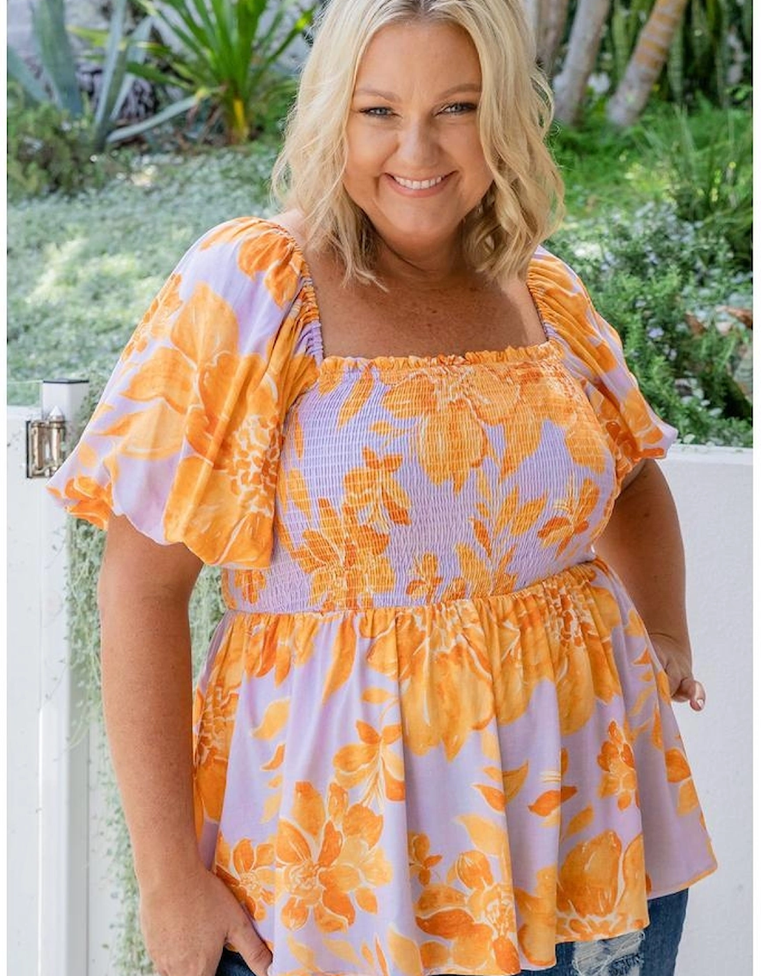 Purple Floral Puff Sleeve Square Neck Smocked Plus Size Babydoll Blouse