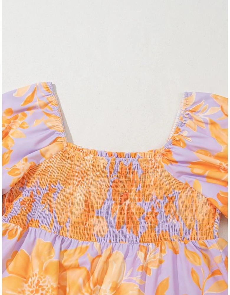 Purple Floral Puff Sleeve Square Neck Smocked Plus Size Babydoll Blouse