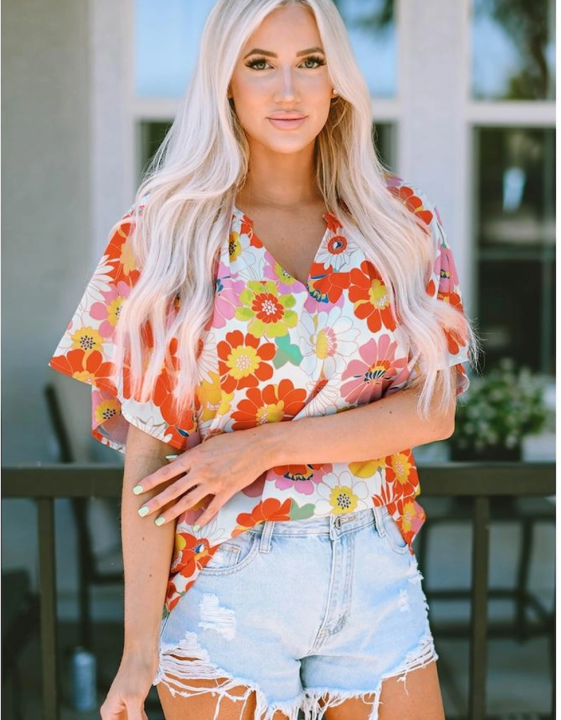 Orange Abstract Print V Neck Half Sleeve Blouse