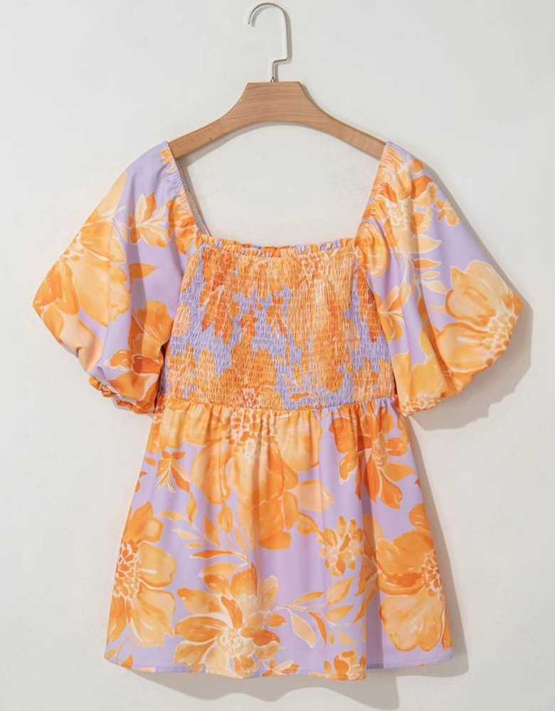 Purple Floral Puff Sleeve Square Neck Smocked Plus Size Babydoll Blouse