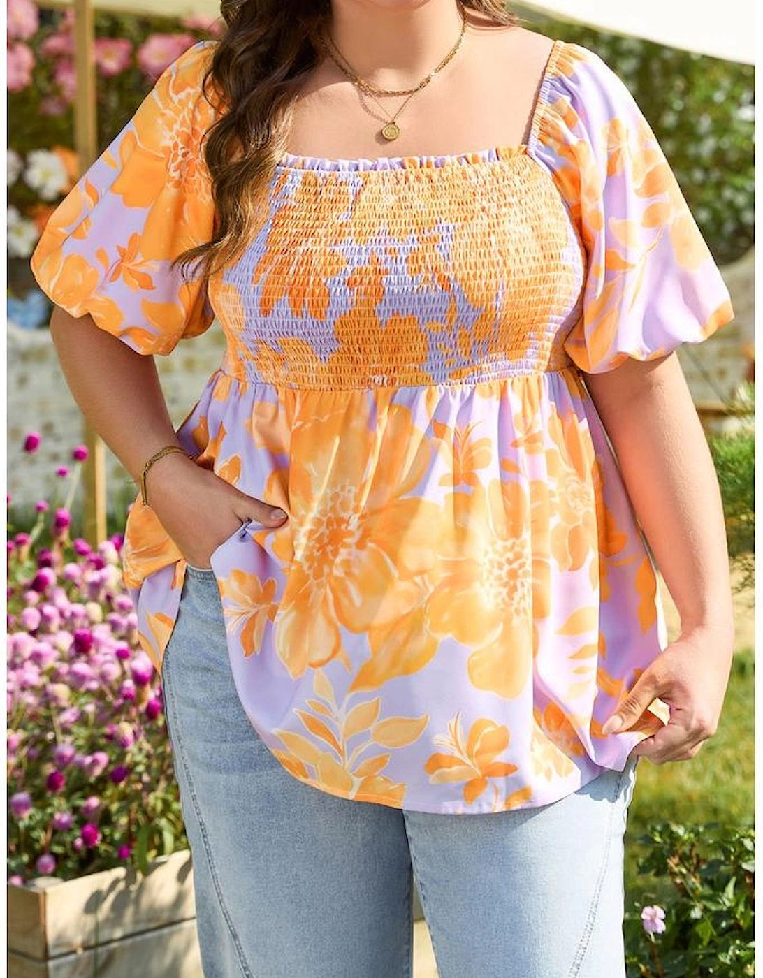 Purple Floral Puff Sleeve Square Neck Smocked Plus Size Babydoll Blouse