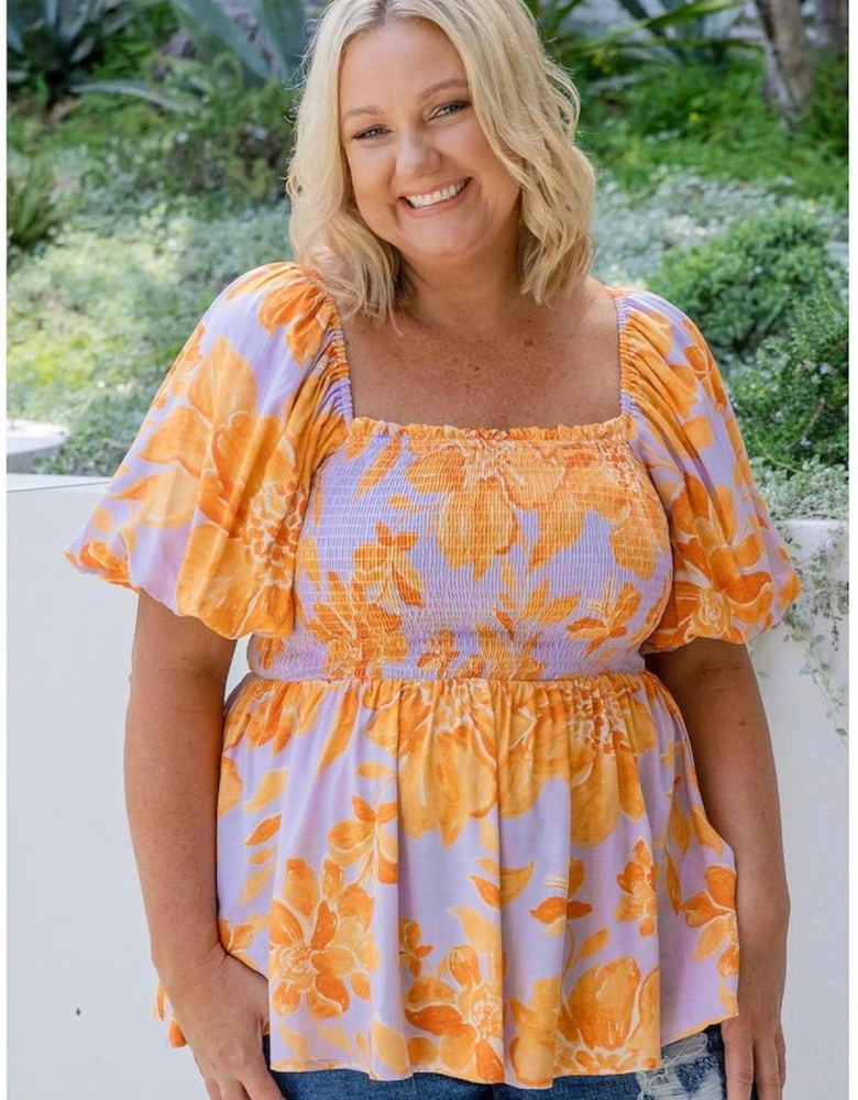 Purple Floral Puff Sleeve Square Neck Smocked Plus Size Babydoll Blouse