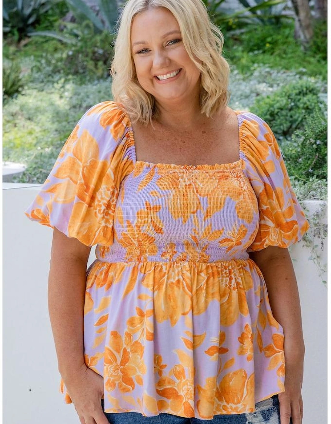 Purple Floral Puff Sleeve Square Neck Smocked Plus Size Babydoll Blouse