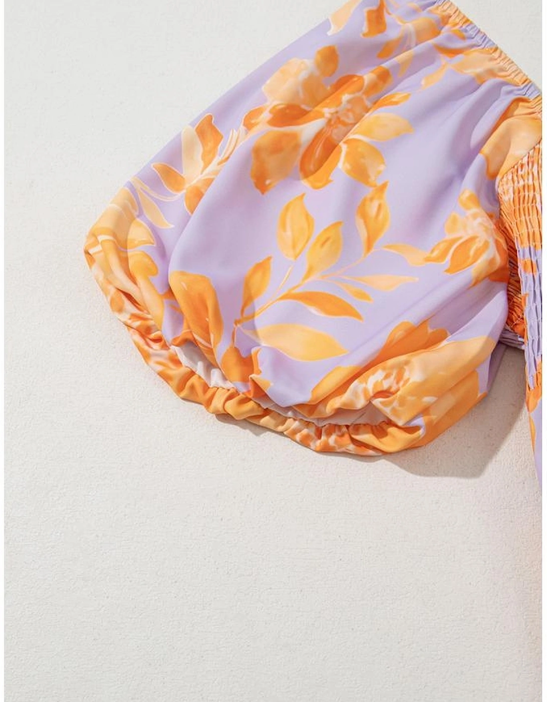 Purple Floral Puff Sleeve Square Neck Smocked Plus Size Babydoll Blouse