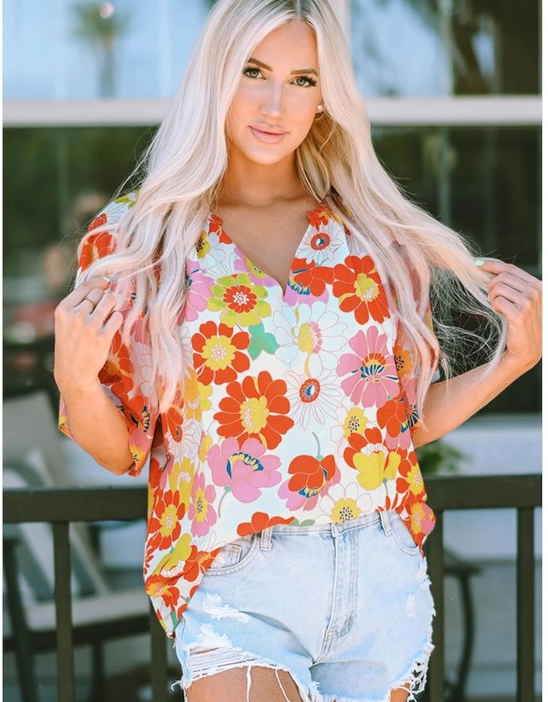 Orange Abstract Print V Neck Half Sleeve Blouse