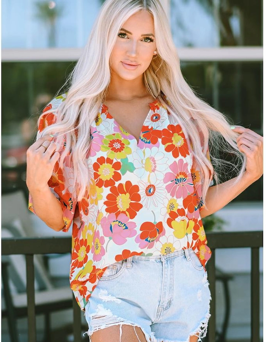 Orange Abstract Print V Neck Half Sleeve Blouse