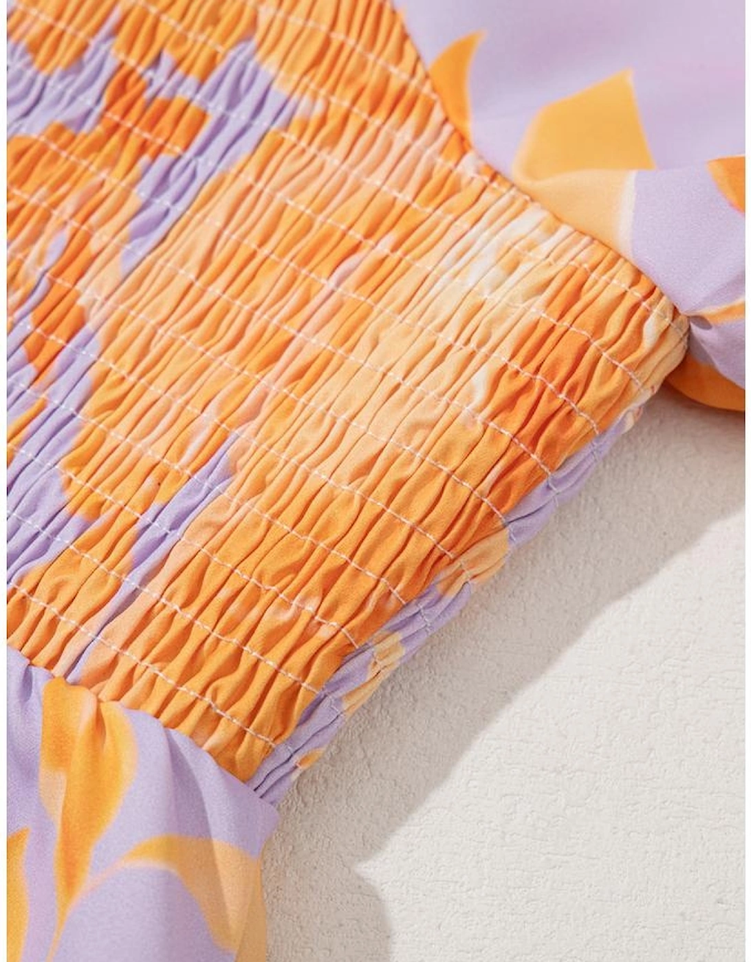 Purple Floral Puff Sleeve Square Neck Smocked Plus Size Babydoll Blouse